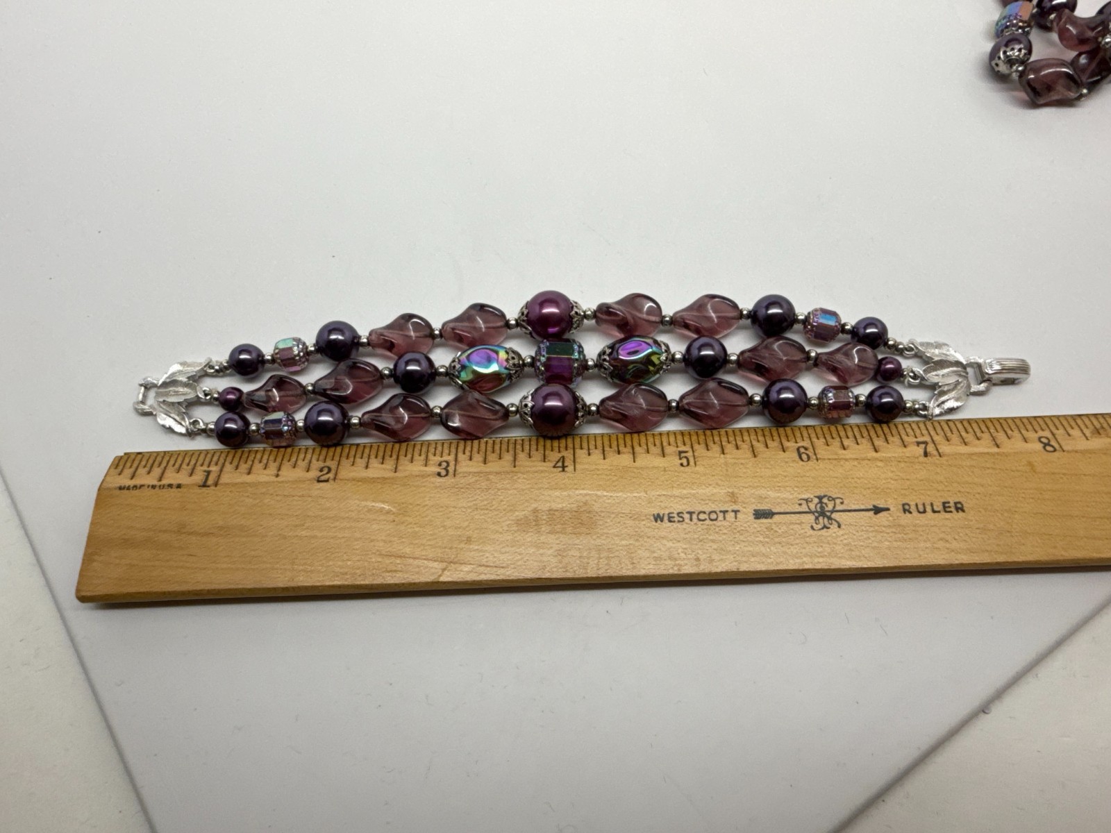 Vtg Crown Trifari purple Lucite AB Beads Demi Parure Set Silver W/ Box
