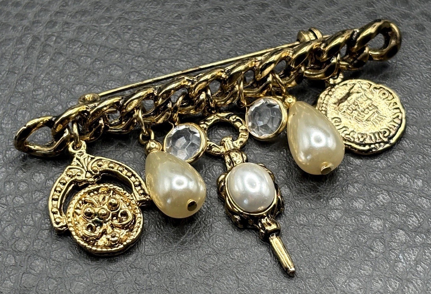 Vintage Gold Tone Charm Brooch Pearl Crystal Stations Coin Medallion Dangles