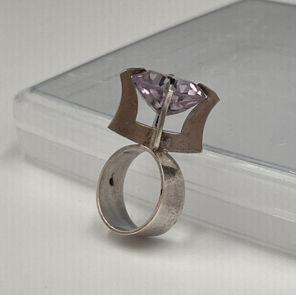 Vtg Svedboms Swedish Sterling Amethyst Ring, Modernist Sculptural, 8g, Sz 5.5