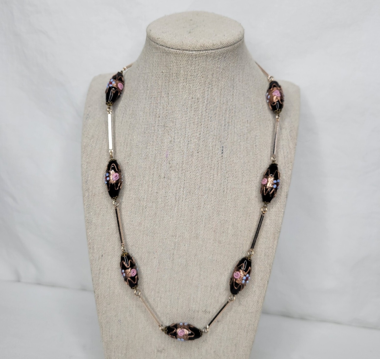 Vintage Venetian Glass Beaded Necklace Black Pink Blue Lampwork Beads Gold Tone
