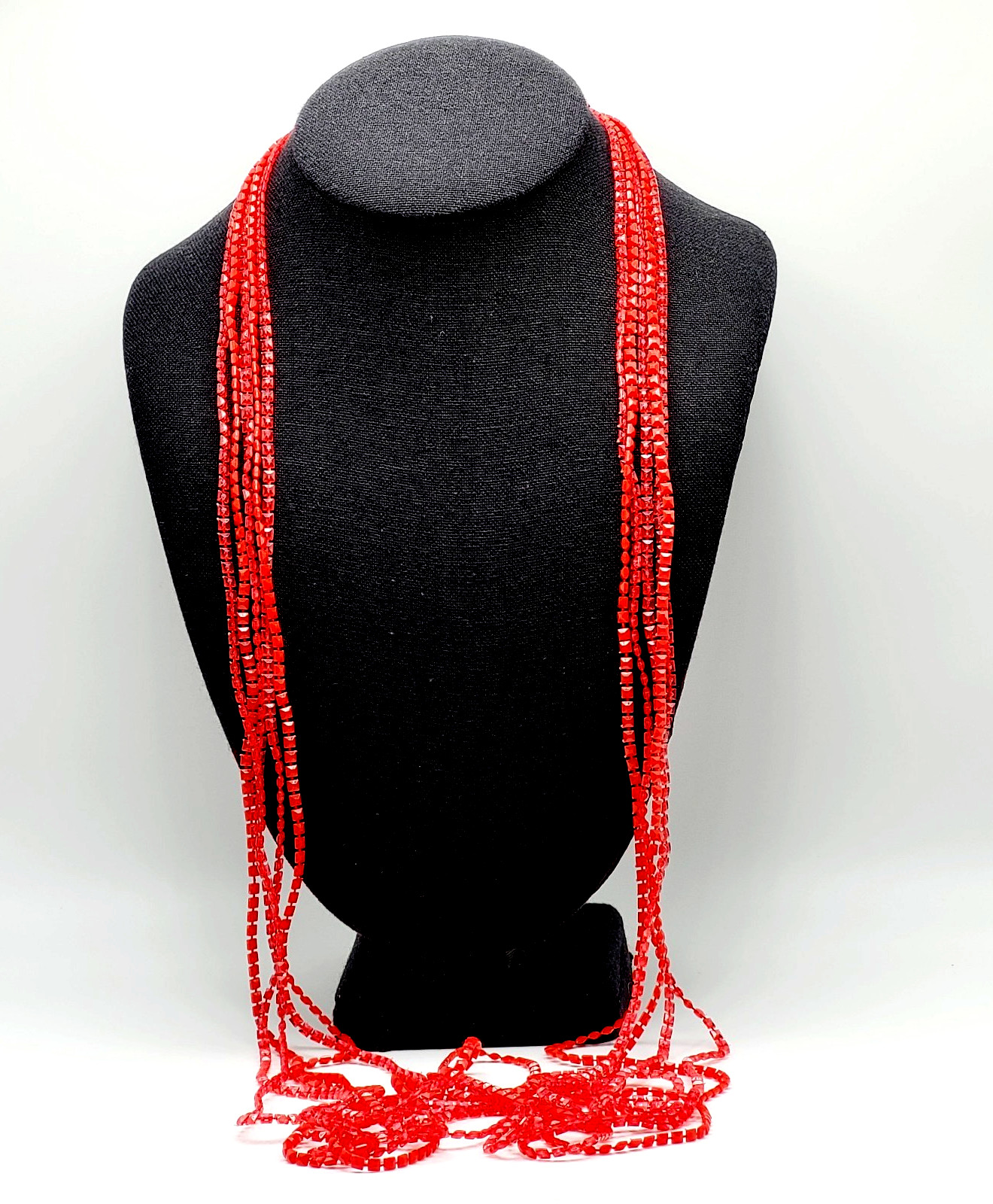 Vintage Red Multi Strand Plastic Square Beaded Solid & Clear Bead Necklace 48 In