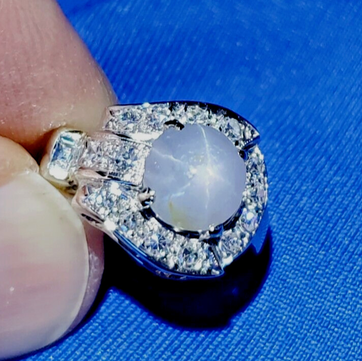 EARTH MINED STAR SAPPHIRE DIAMOND ART Deco Engagement Ring SOLID 14K WHITE GOLD