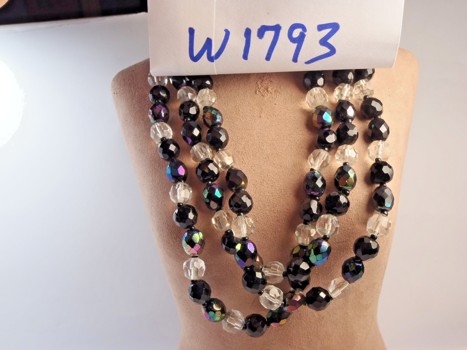 Estate Iridescent Black and Clear Faceted Glass Triple-Strand Necklace
