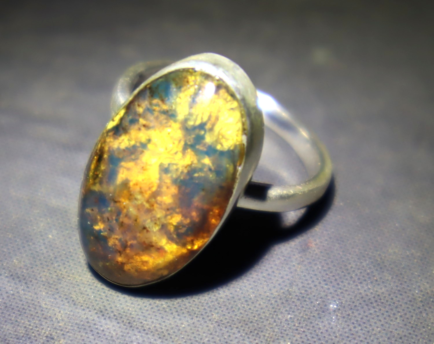 Natural Translucent Orange Blue Amber .925 Sterling Silver Ring #6 free resizing