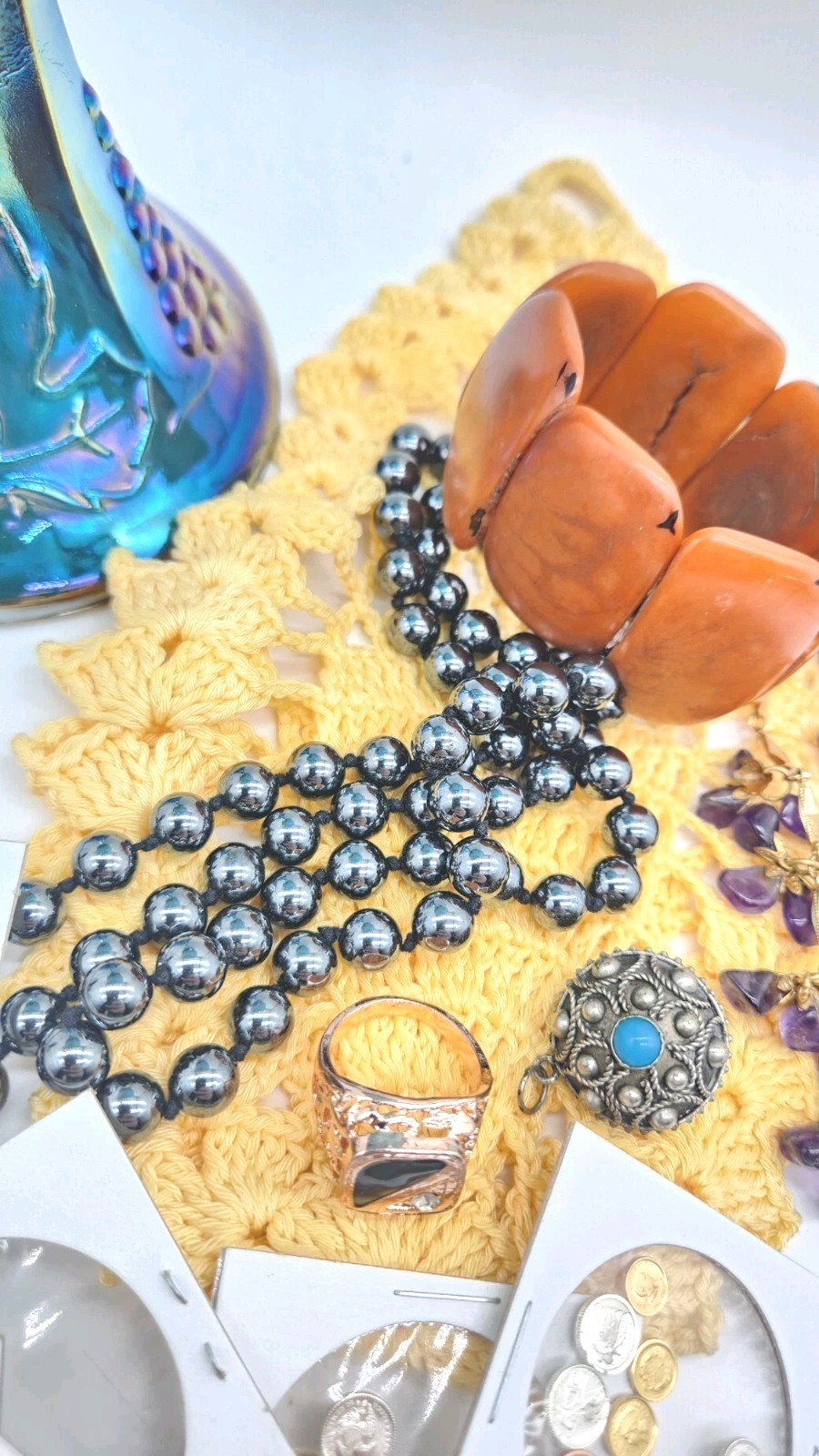 Estate Mixed Jewelry Lot + Mini Coins + Carnival Glass Bowl Unsearched Untested
