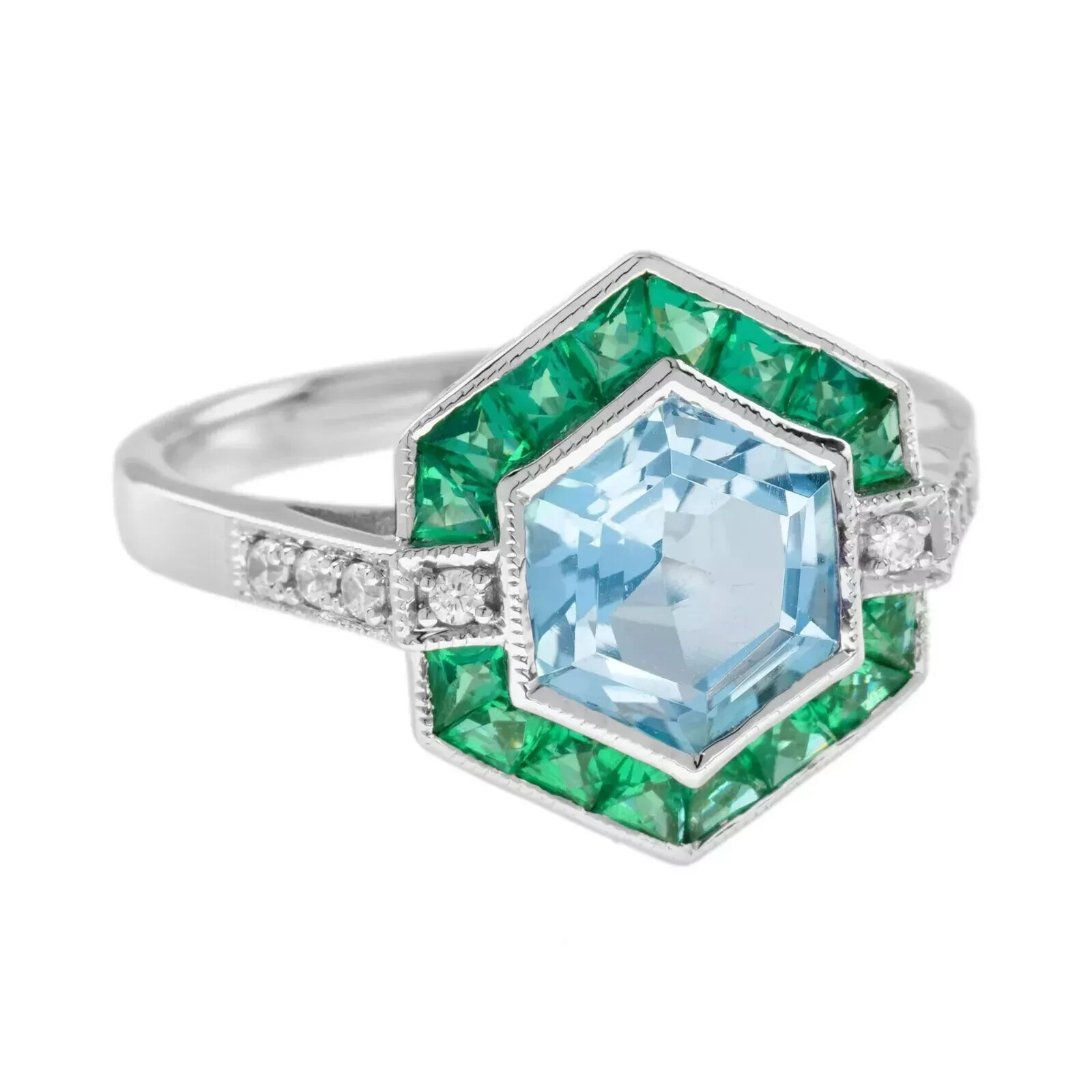 4Ct Art Deco Vintage Aquamarine & Emerald Hexagon 14K White Gold FN Wedding Ring