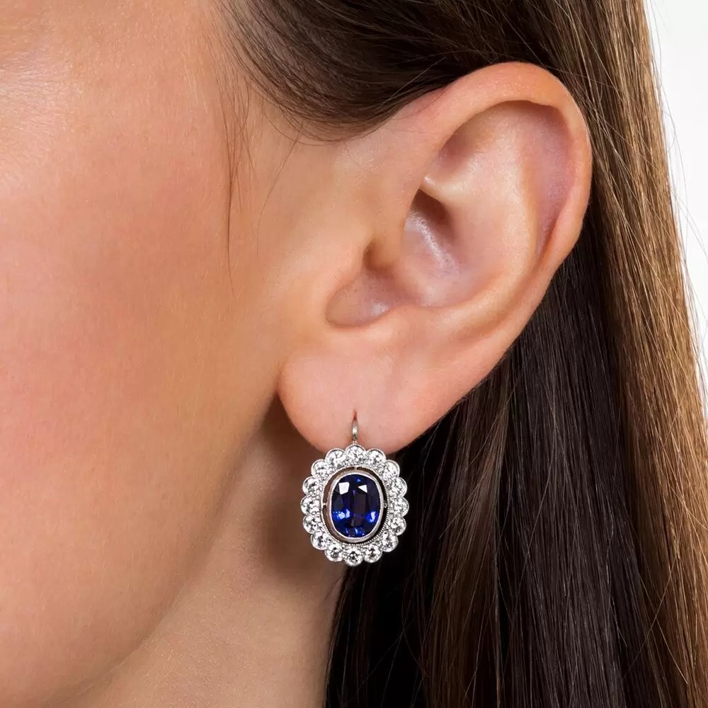 Art Deco Oval Cut Sapphire & Lab Created Diamond 925 Silver Engagement Earrings