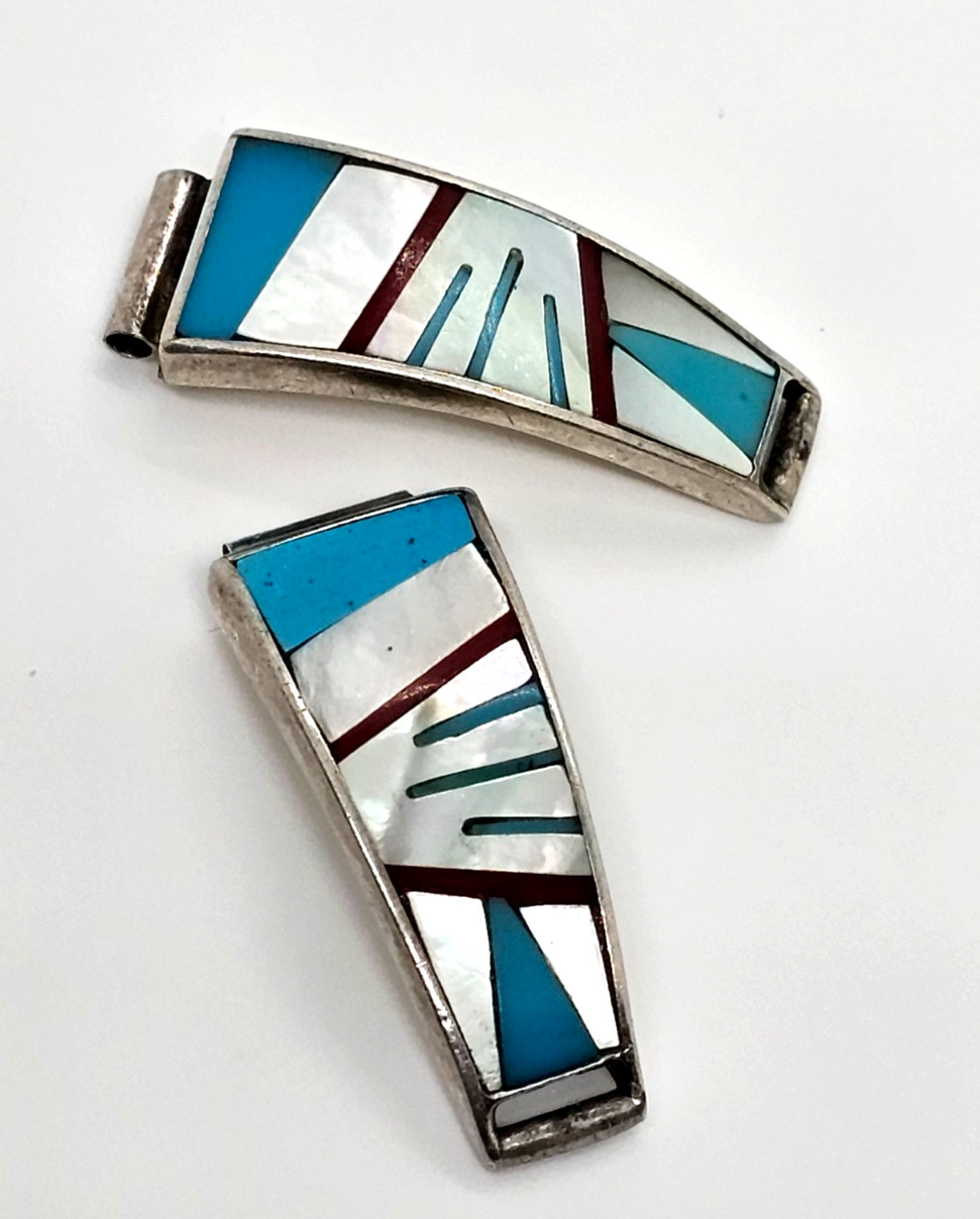 Sterling VTG Native Turquoise MOP & Coral Inlay Watch Tips 10 MM Bar Signed