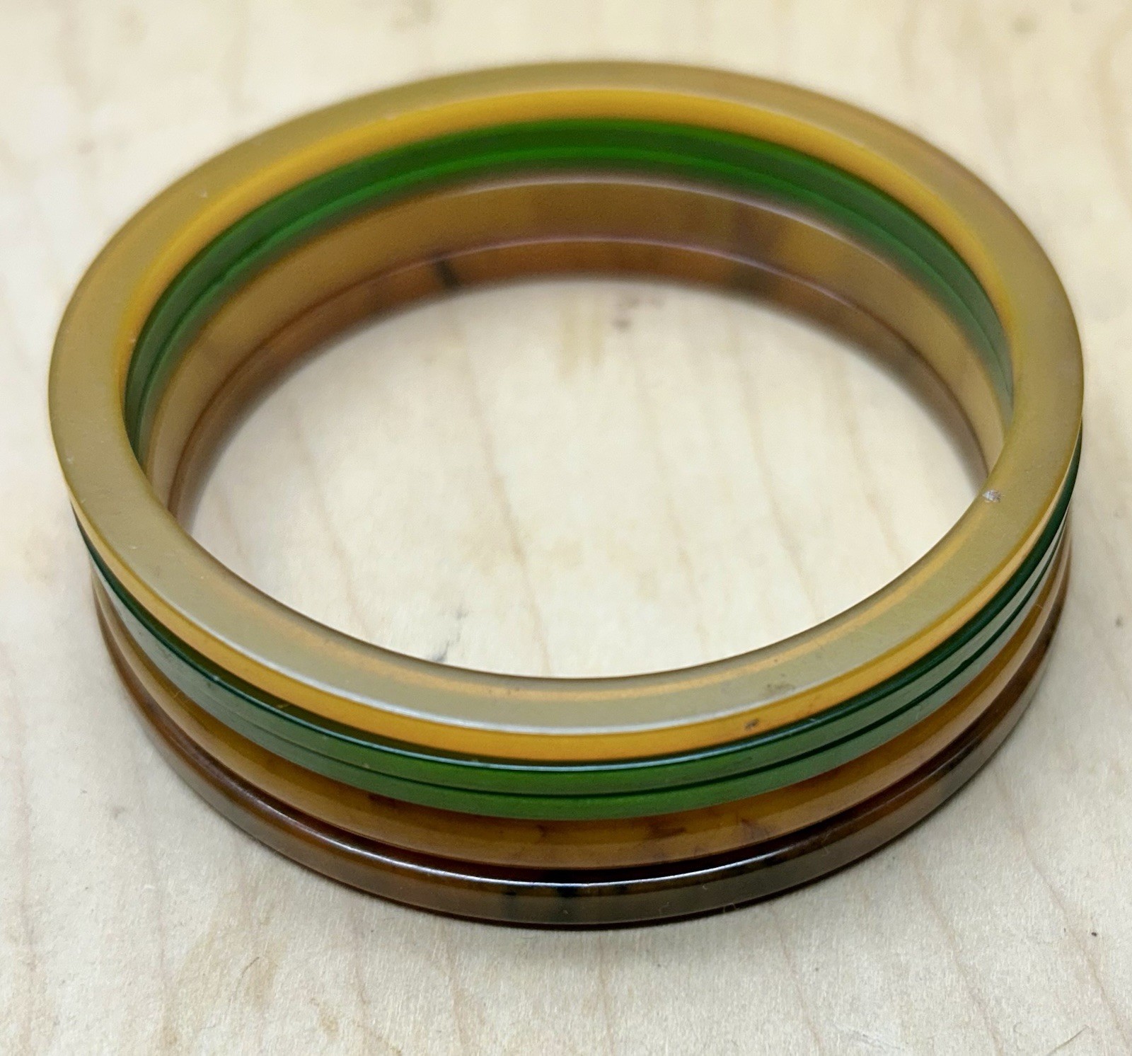 5 Vtg Tested Bakelite Thin Stackable Bangles Green, Orange Marbled Mid Century