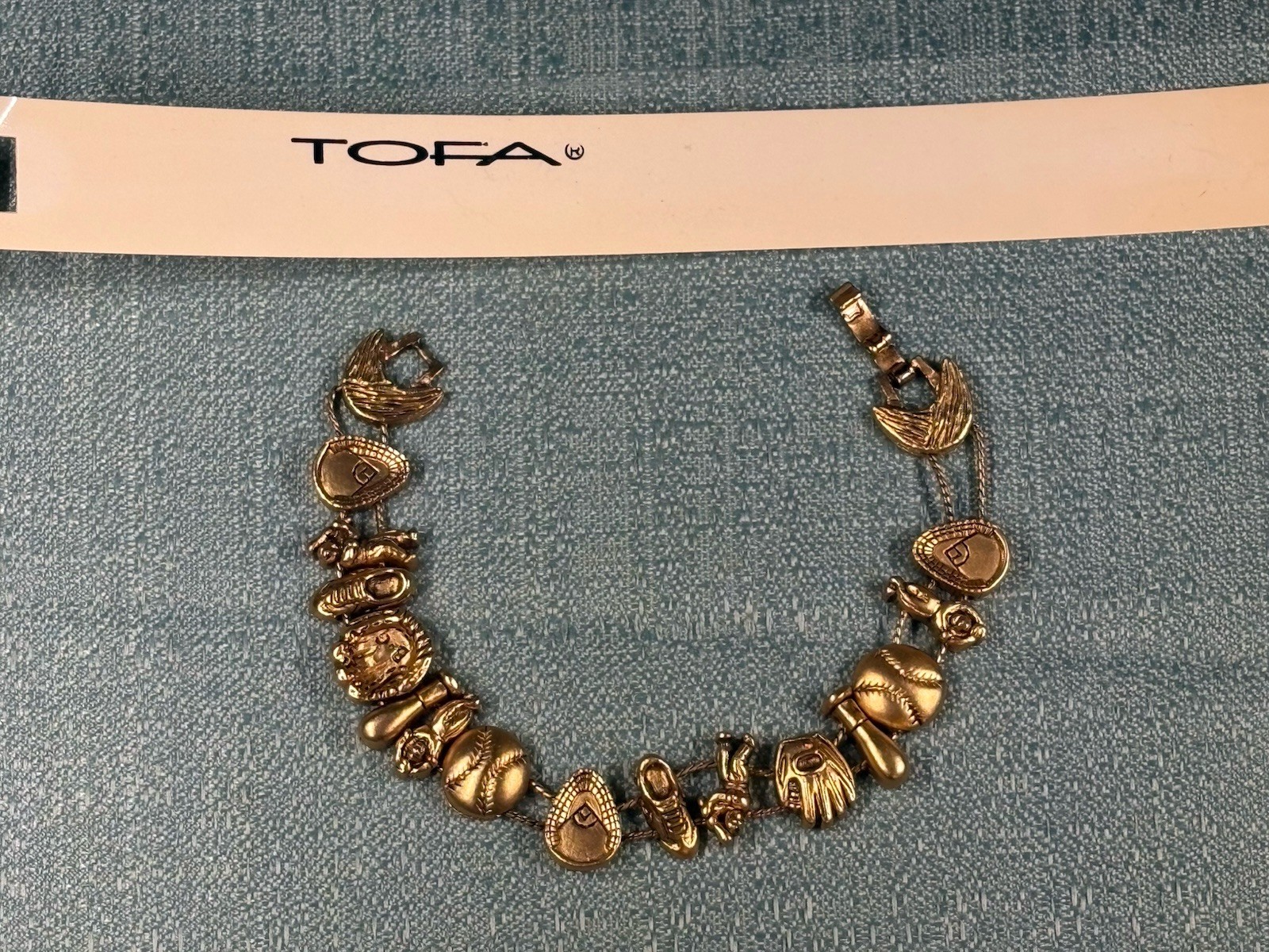Vintage 1990’s TOFA Baseball Theme Bracelet Charms Gold Tone Made In Korea
