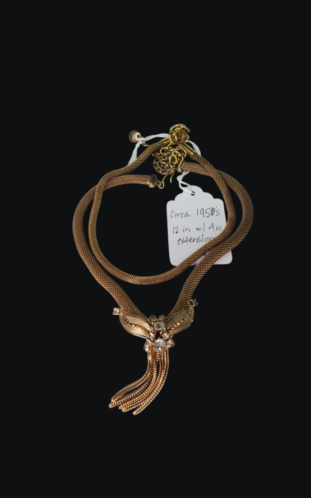 Vintage Gold Tone Mesh Chain Tassel Pendant Necklace 12in Adjustable Hook