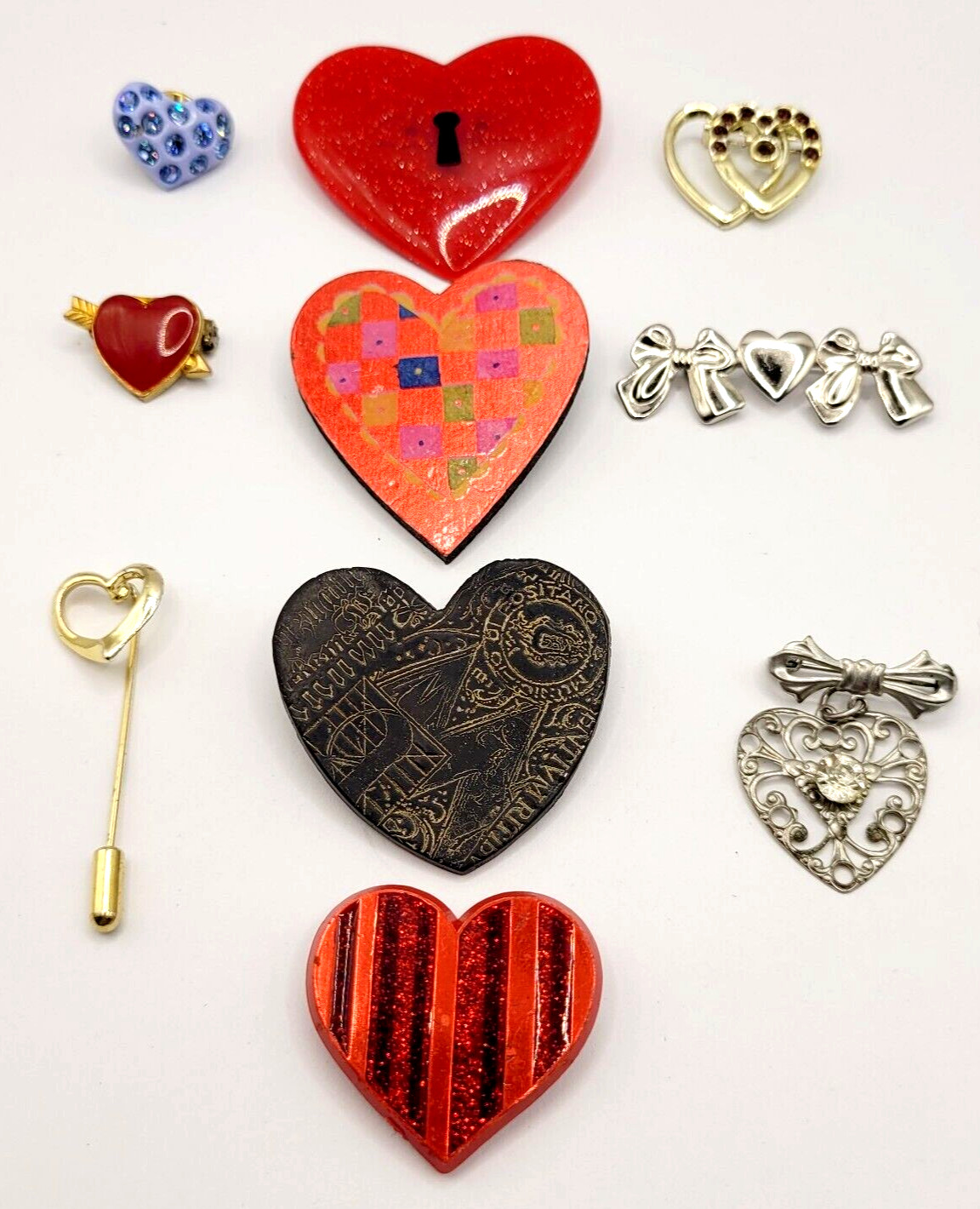 10 Heart Brooch Pins Various Materials Vintage 1980s to 1990s Colorful Whimsical