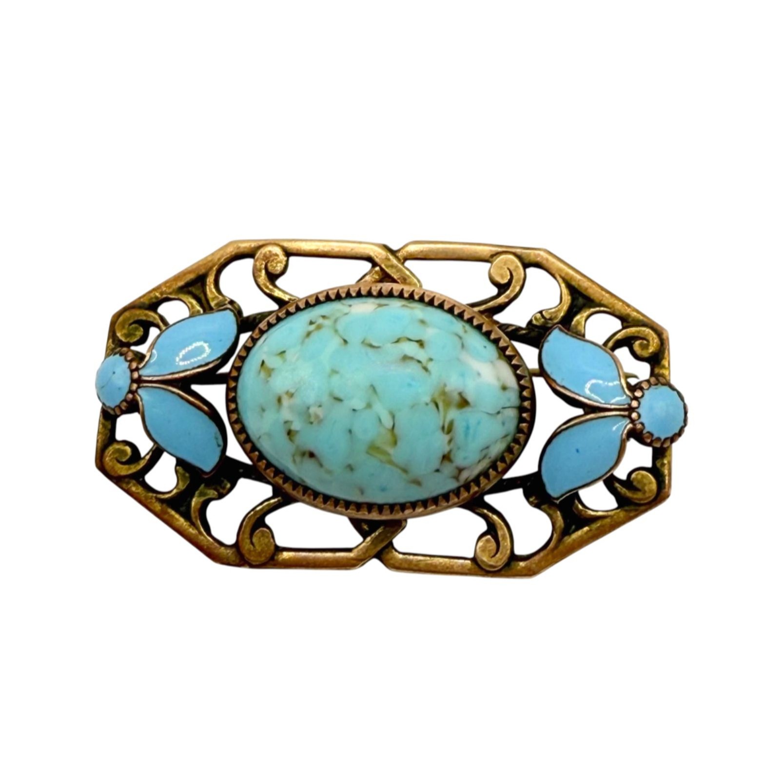 Turquoise brass brooch vintage source unknown