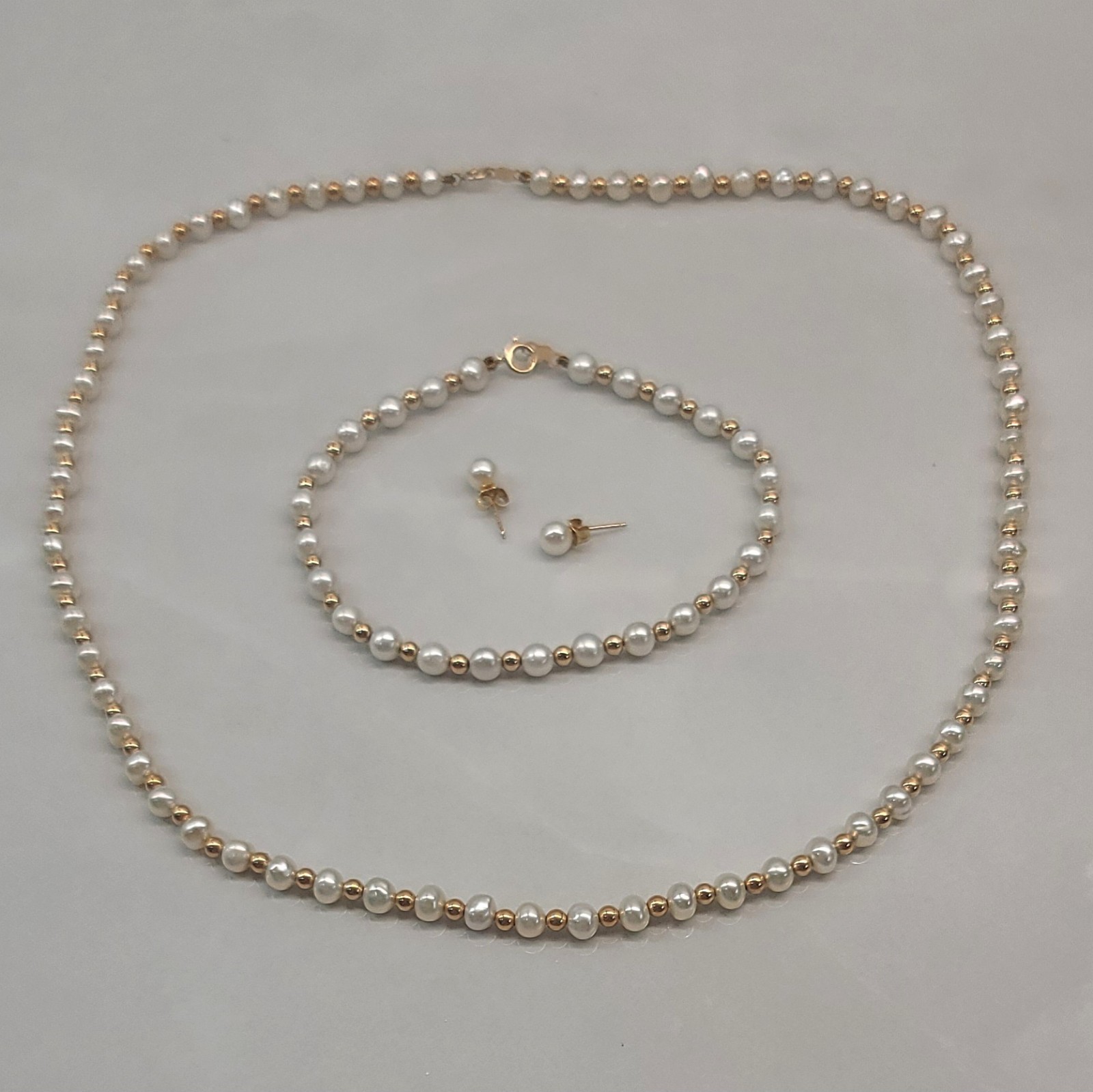 Vintage 14K Gold Bead-Pearl Jewelry Necklace Bracelet Earrings Set
