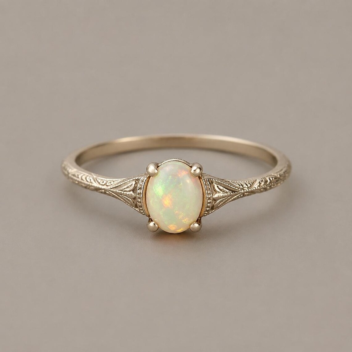 Natural Ethiopian Opal Ring Vintage Engraved Thin Band 925 Sterling Silver Gift