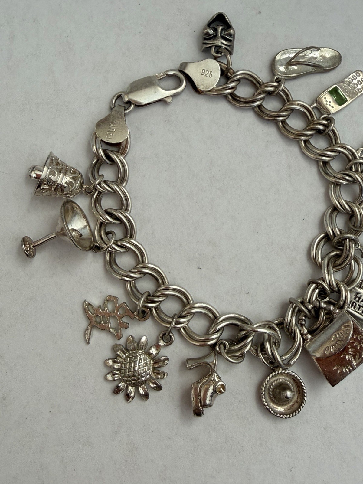 Vintage 925 Sterling Silver 14 Charms Bracelet Lobster Clasp See Pics 36g B8