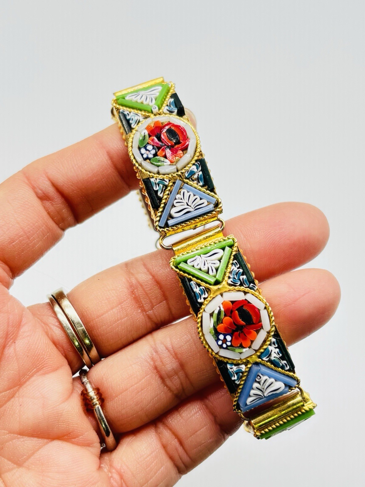 Vtg ITALIAN Mosaic Flower Red Green Yellow Gold Tone Bracelet