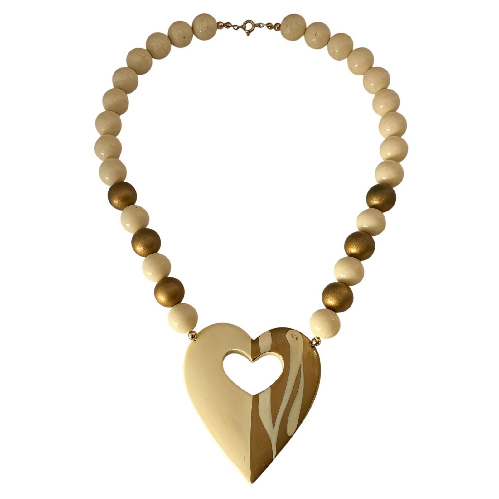 Gold Heart Statement Necklace, Cream Bead Chunky Jewelry, Gift for Her