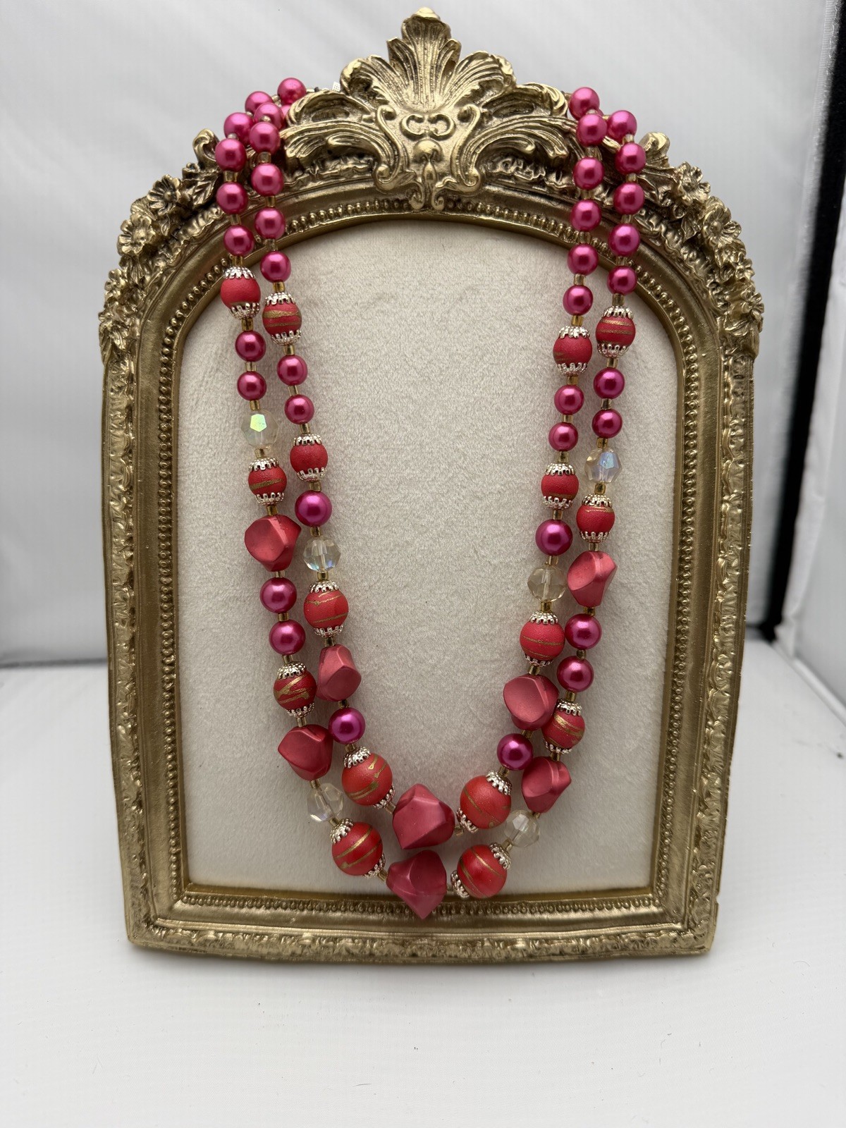 Vintage Japan Made Marked Pink & Red Three Strand Draping Beaded Necklace