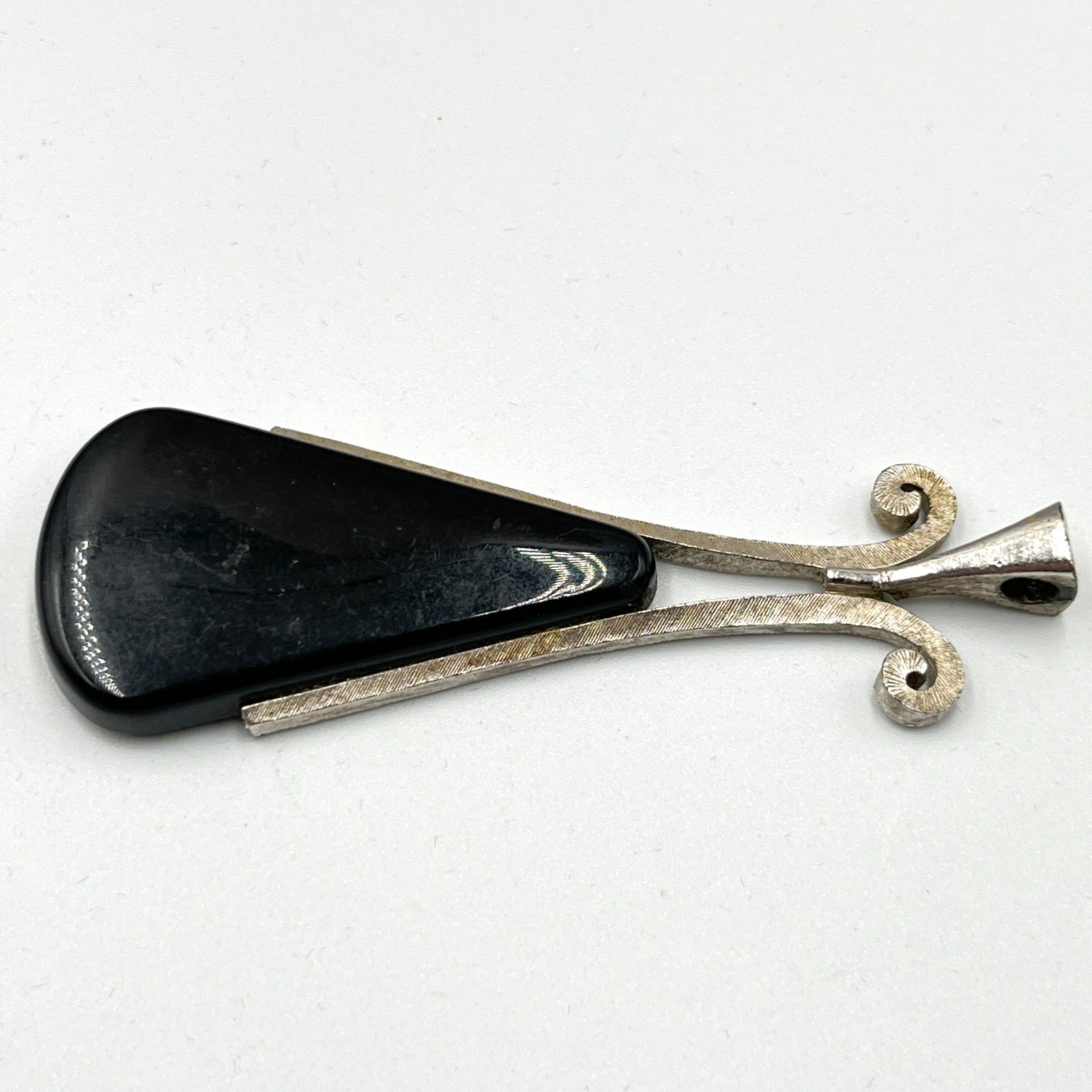 Vintage Avon Mid-Century Modern Silver Tone Black Onyx Style Teardrop Pendant