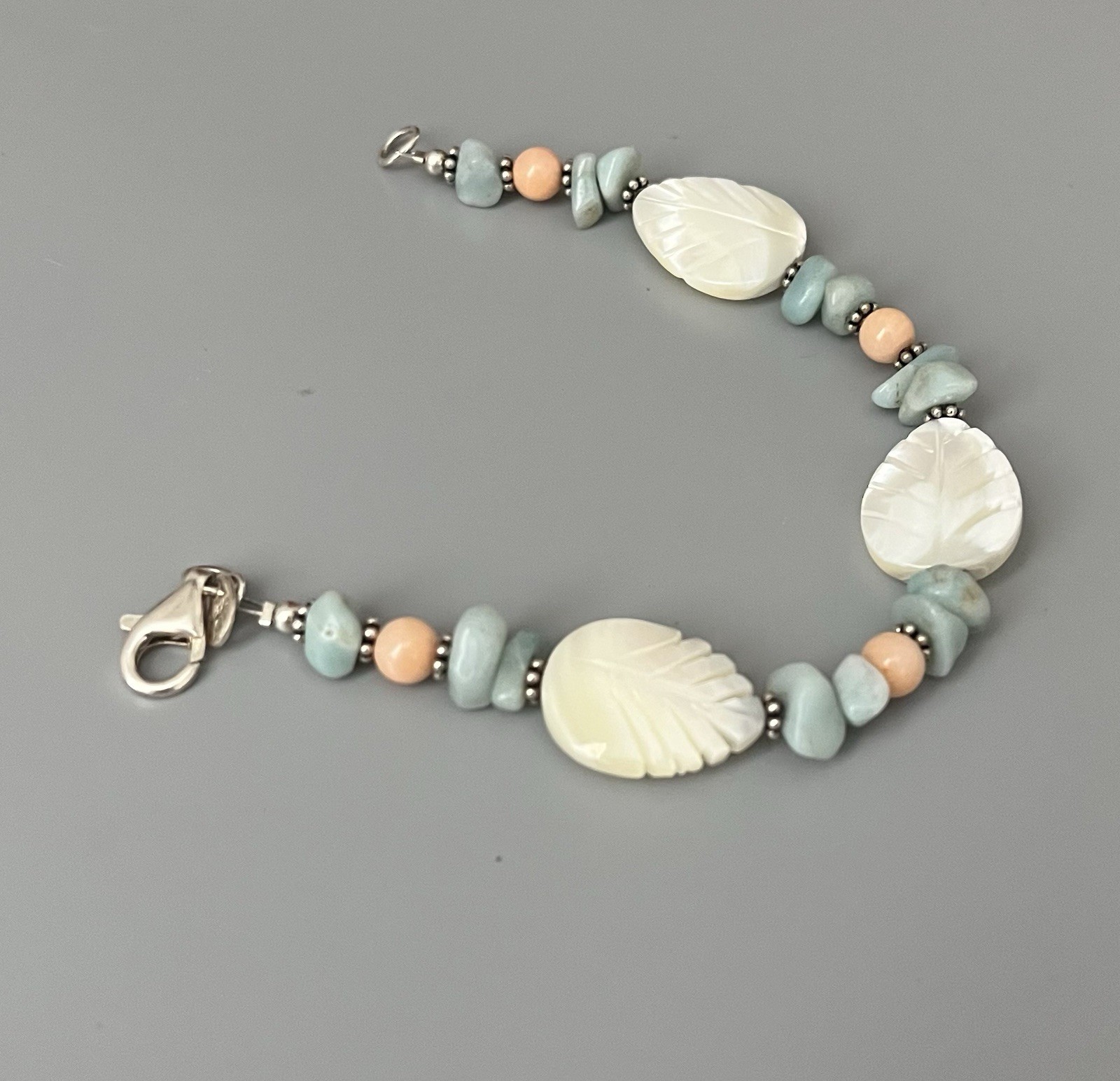 VTG SX 925 Sterling-Carved MOP-Pale Blue-Peach Stone Bracelet Wire Earring Set