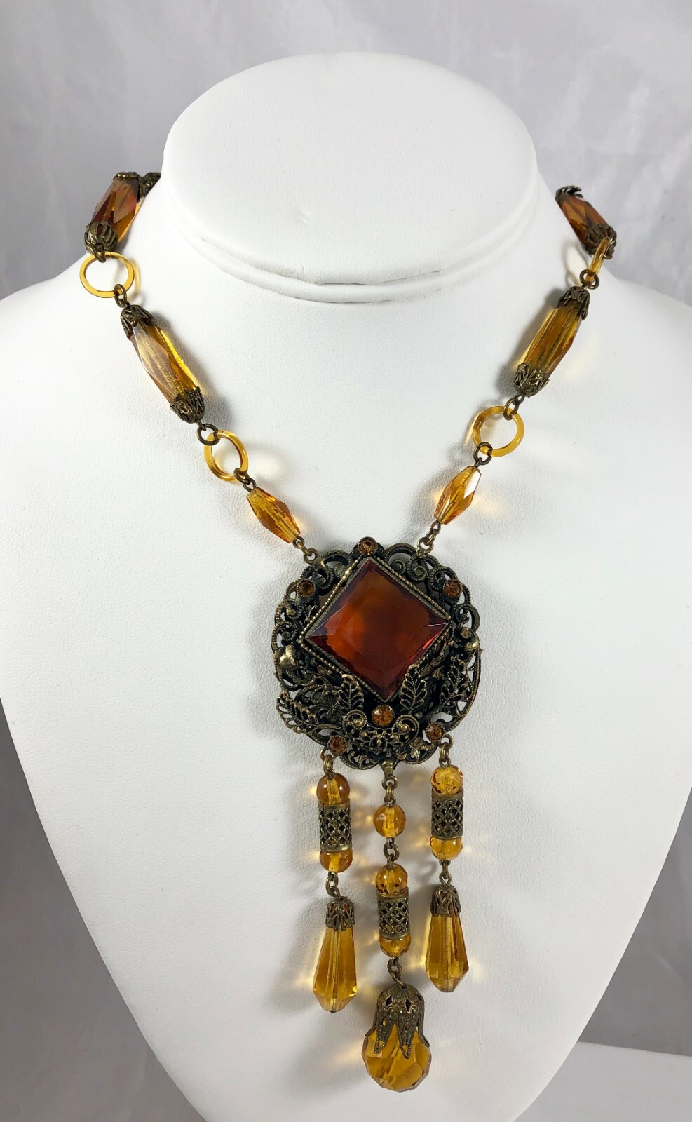 Antique Czechoslovakia Max Neiger Amber Brown Long Dangle Necklace Glass Links
