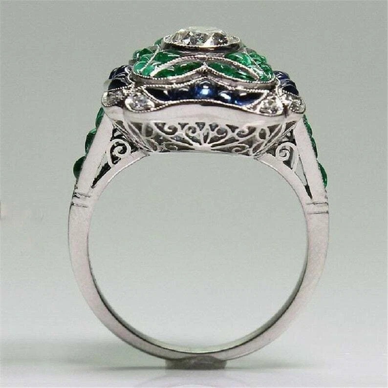 Art Deco Round Lab Created Diamond & Emerald Wedding 14Ct White Gold Finish Ring