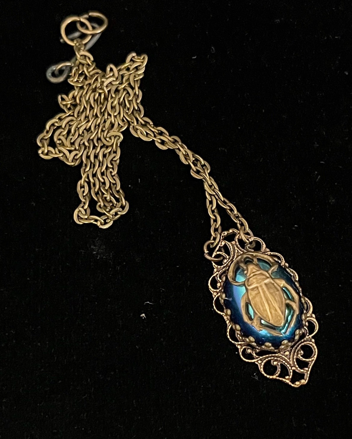 Vintage Scarab Necklace Egyptian Revival Pendant Antique Czech Iridescent Glass