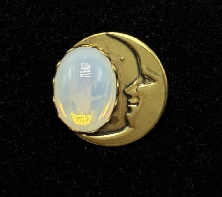 Vintage Celestial Crescent Moon Brooch Pin Cabochon Opalescent Stone
