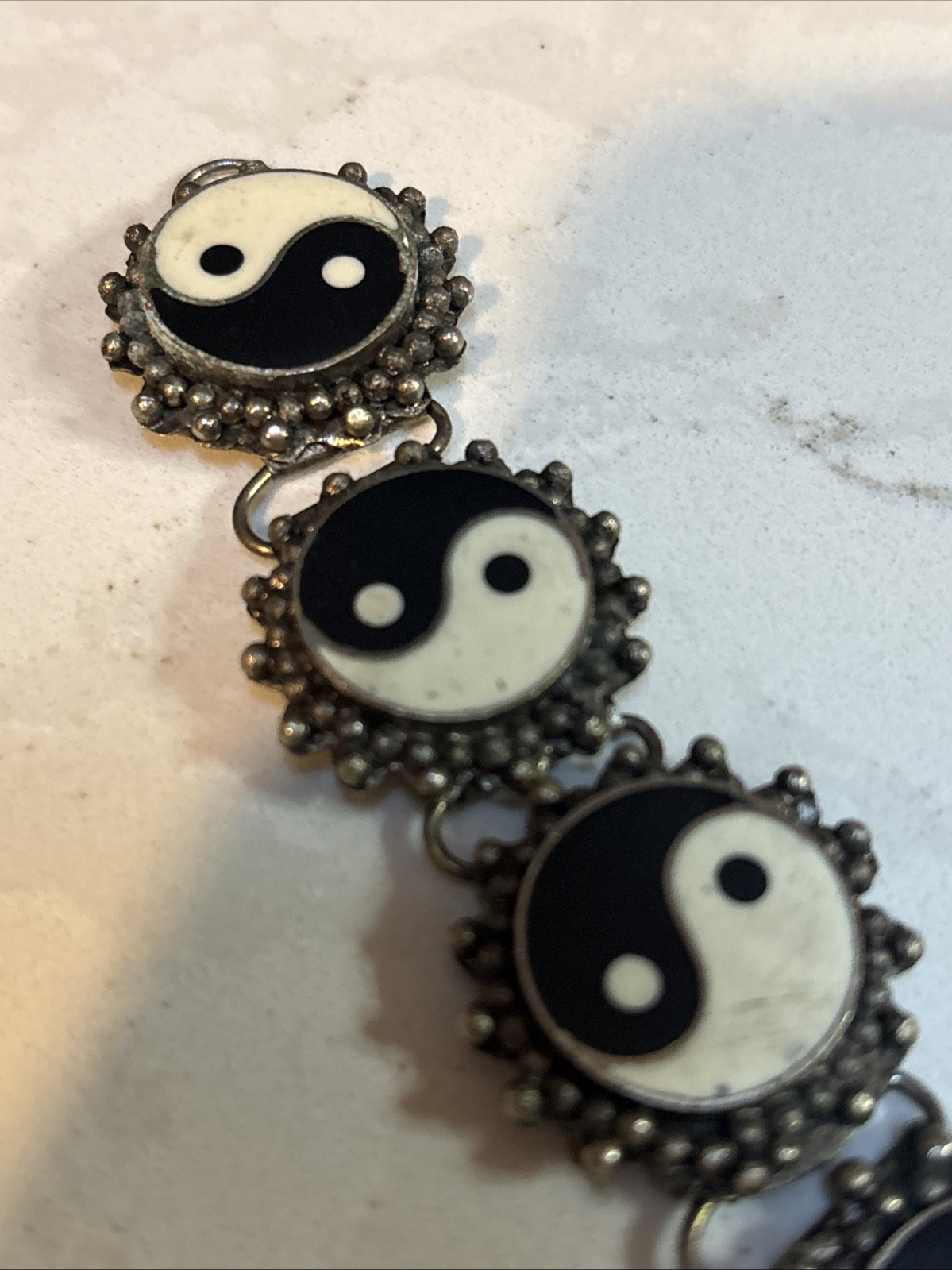 Vintage 1990s Yin Yang Silver-Tone Link Panel Bracelet