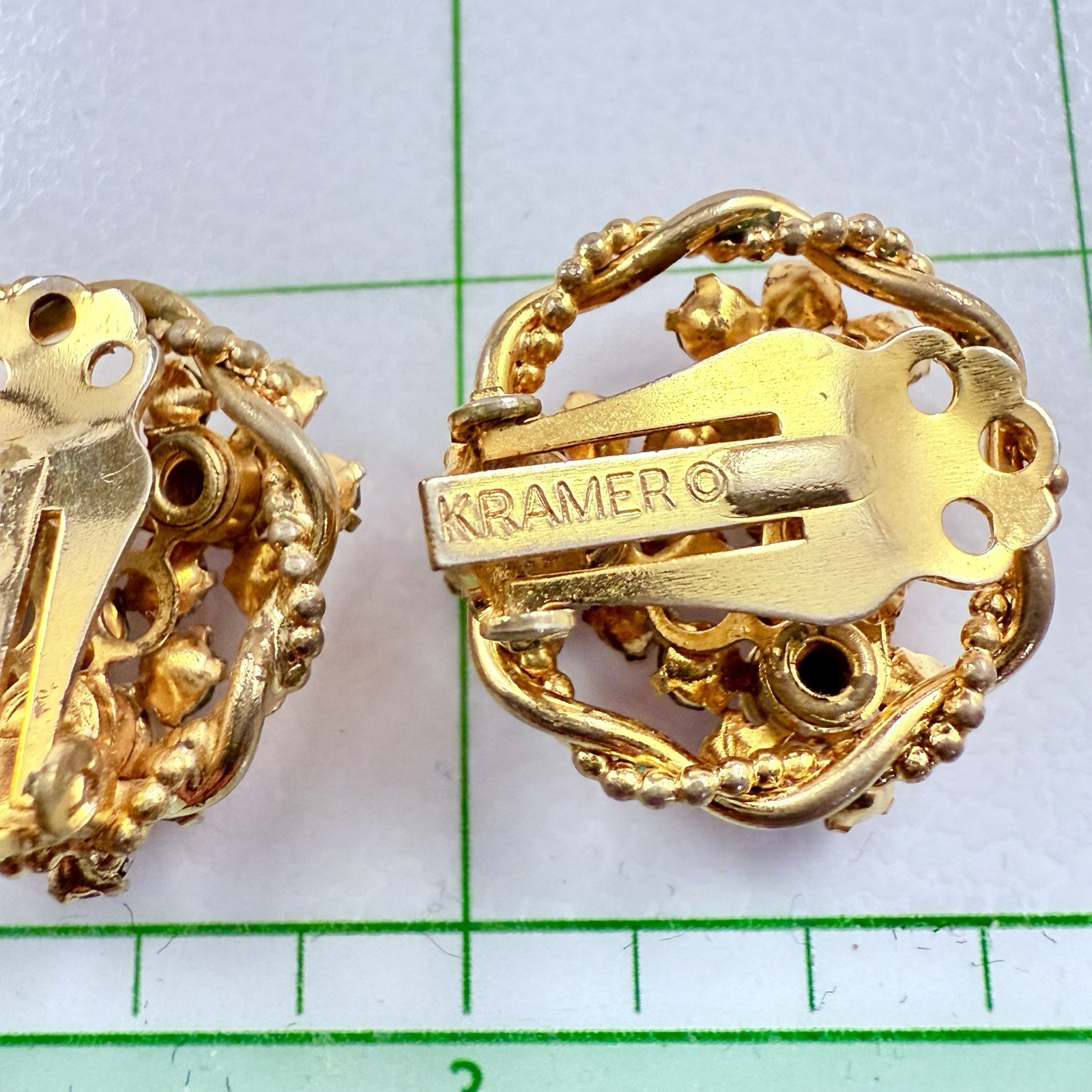 VTG KRAMER Blue & Purple AB Rhinestone Enameled Gold Tone Brooch & Clip Earrings