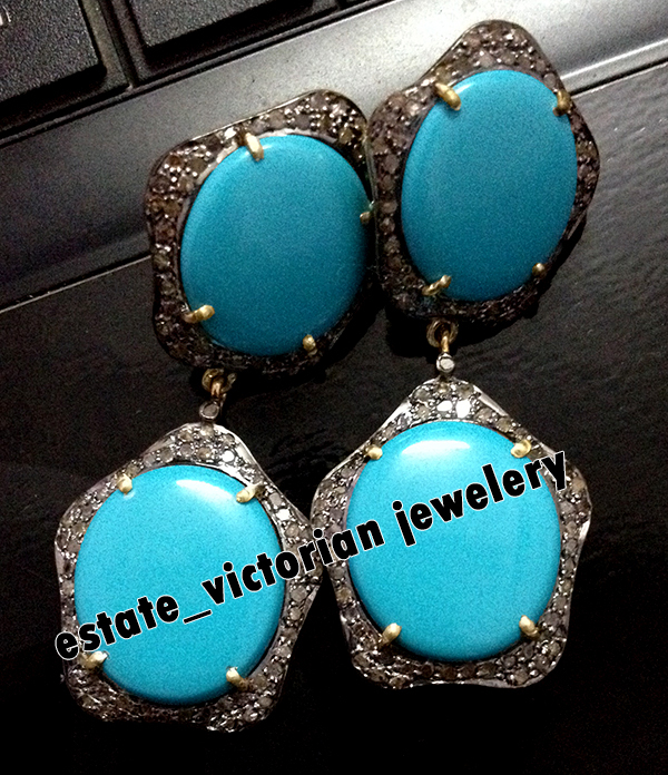 3.40ct Rose Cut Diamond Turquoise Studded Silver Vintage Amazing Earring Jewelry