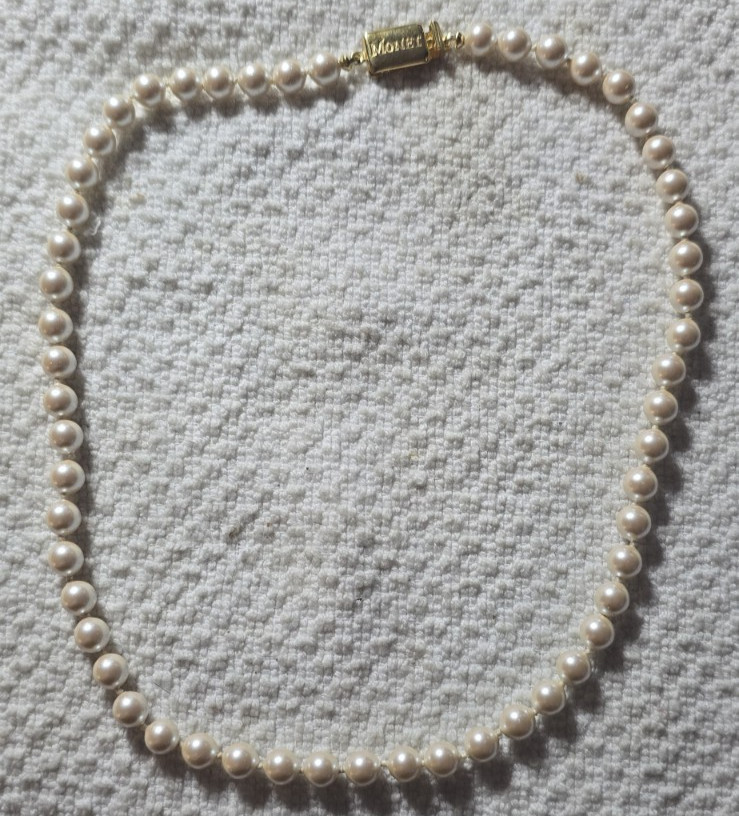 Monet Classic Hand Knotted Faux Pearl 16.5” Necklace Box Clasp Vintage Signed