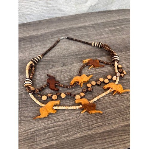 Vintage 70s Wooden Elephant Necklace Multi Strand Coconut Shell Bead Boho Brown