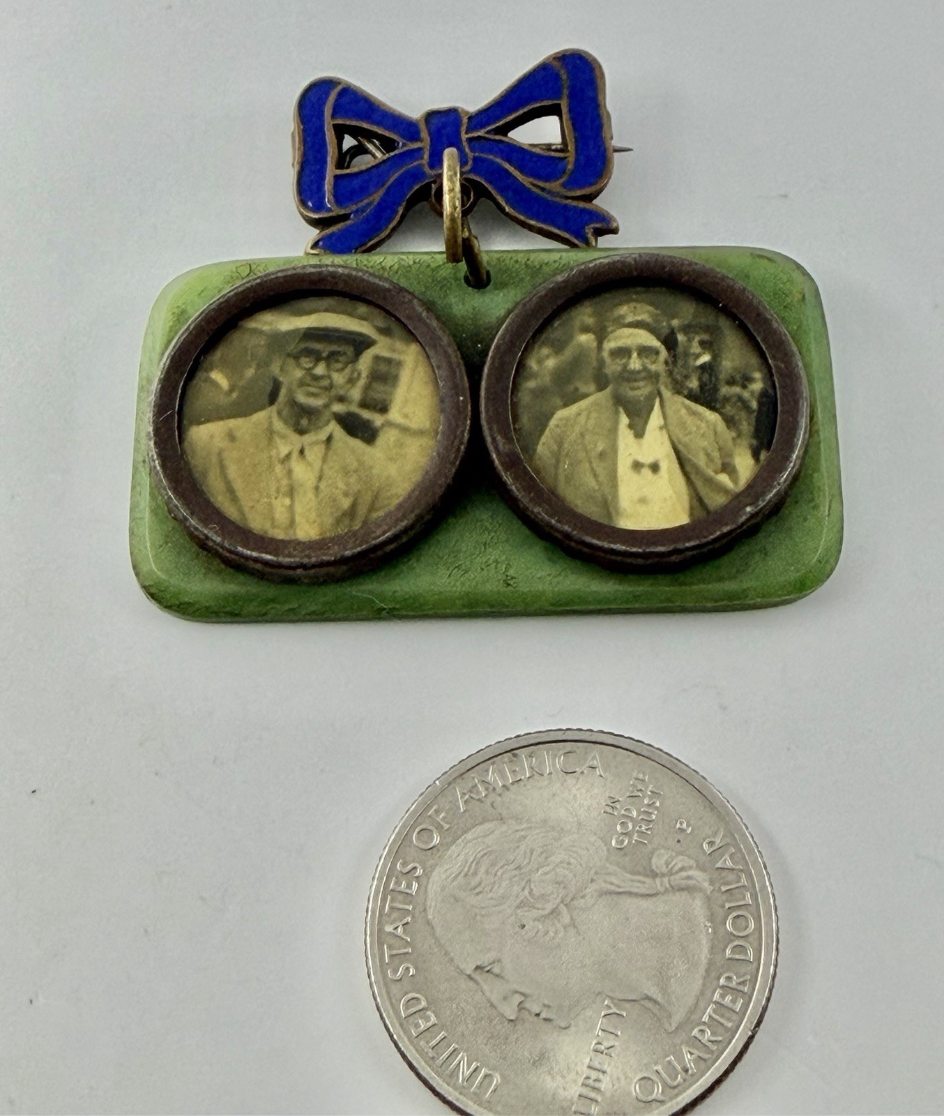 Antique Blue Enamel Ribbon Pin Double Photo Momento Mori Mourning Brooch