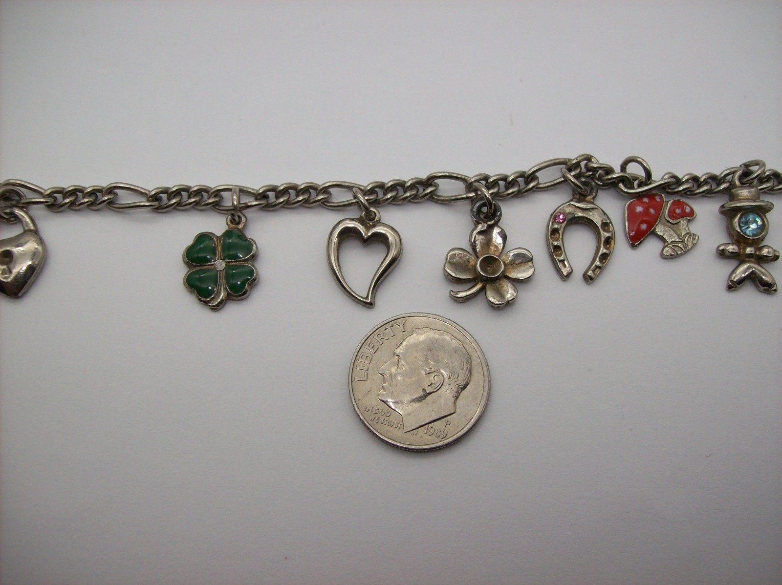 Vintage Silvertone Mix GOOD LUCK Charm Bracelet, Enamel, some made in Germany