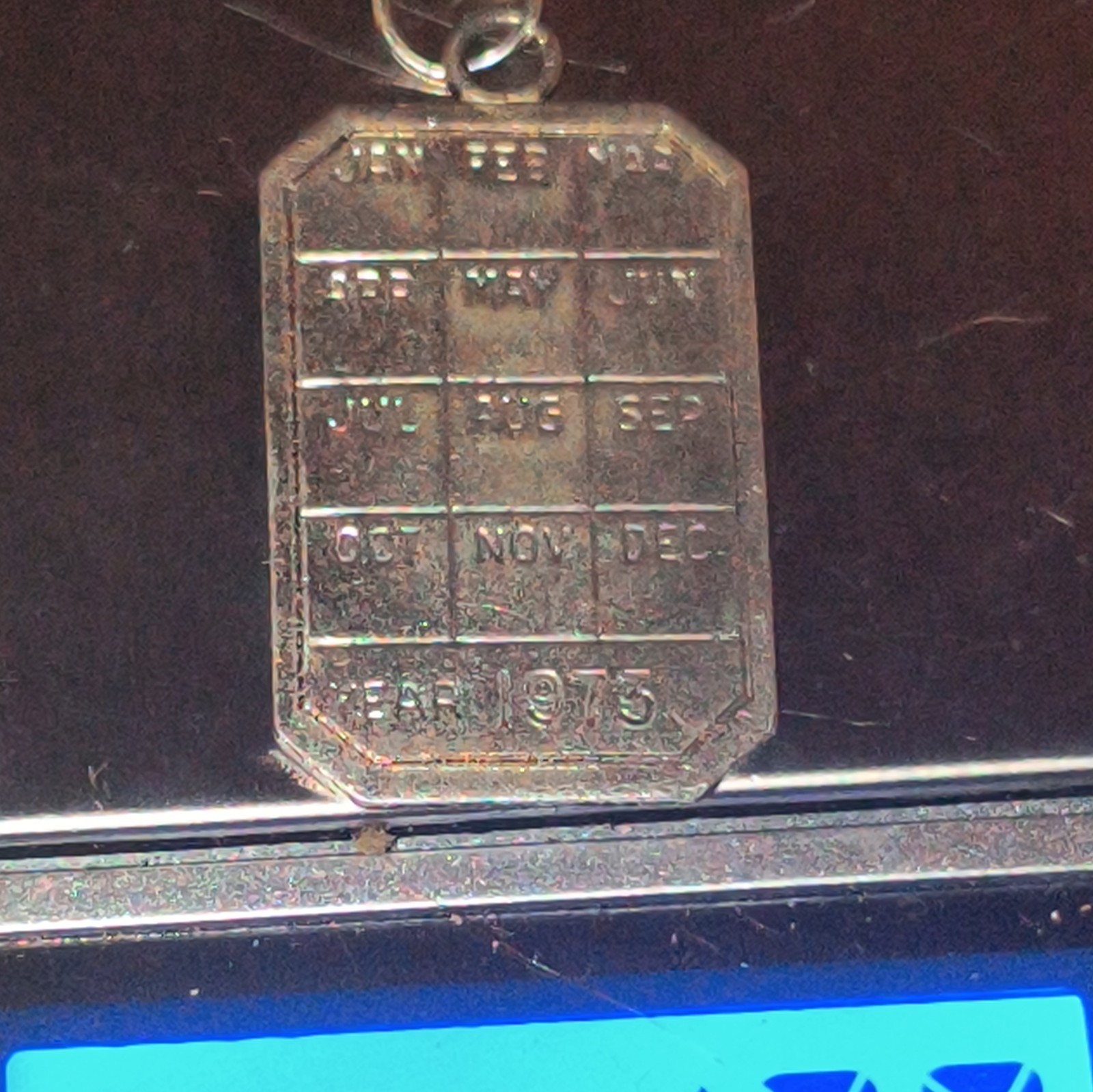 Vintage Engraved 1973 Calendar Grid Rectangle Pendant, Silver Metal No Stone