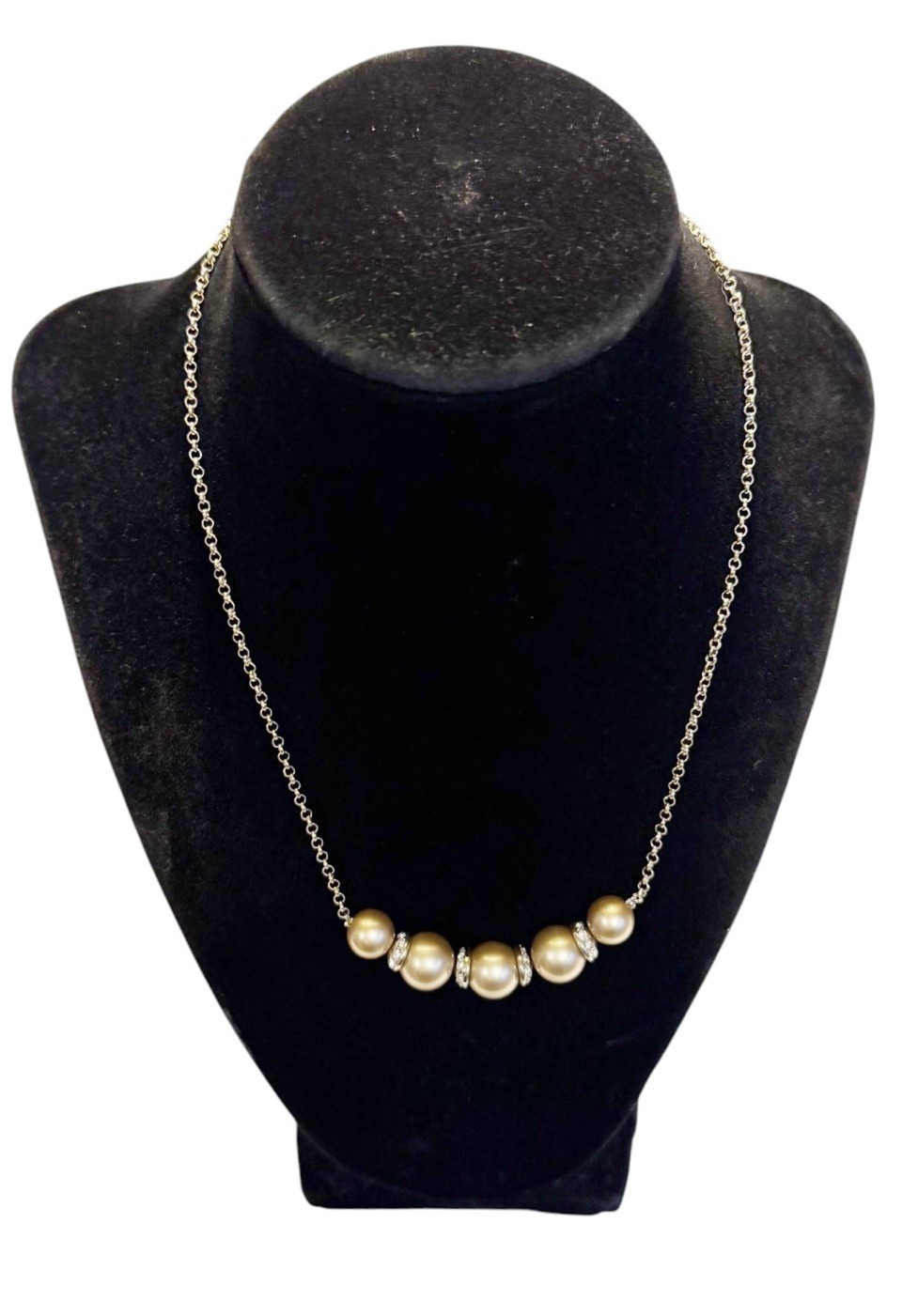 Vintage Trifari Signed Gold Tone 18” Chain Necklace Faux Perales & Rhinestones