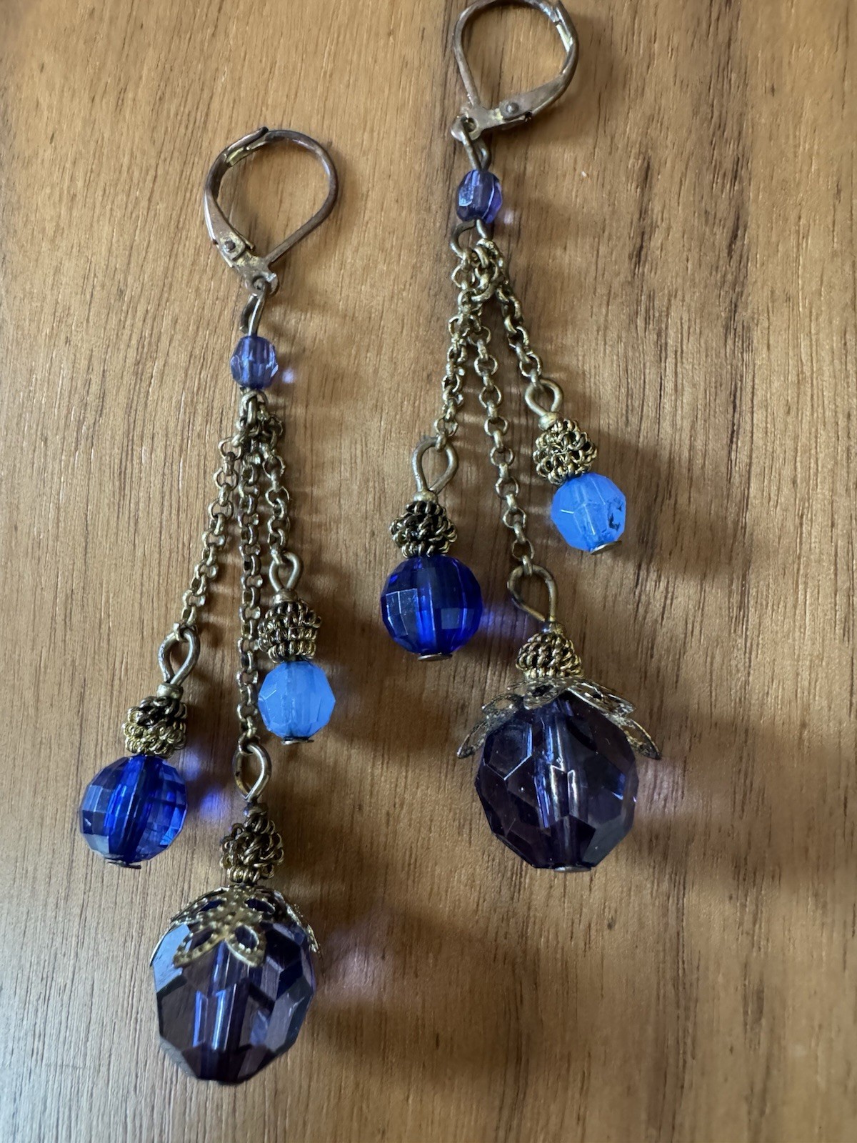 VTG MCM Lucite Earrings Faux Amethyst Sapphire ChalcedonyBrass Lever Back Boho