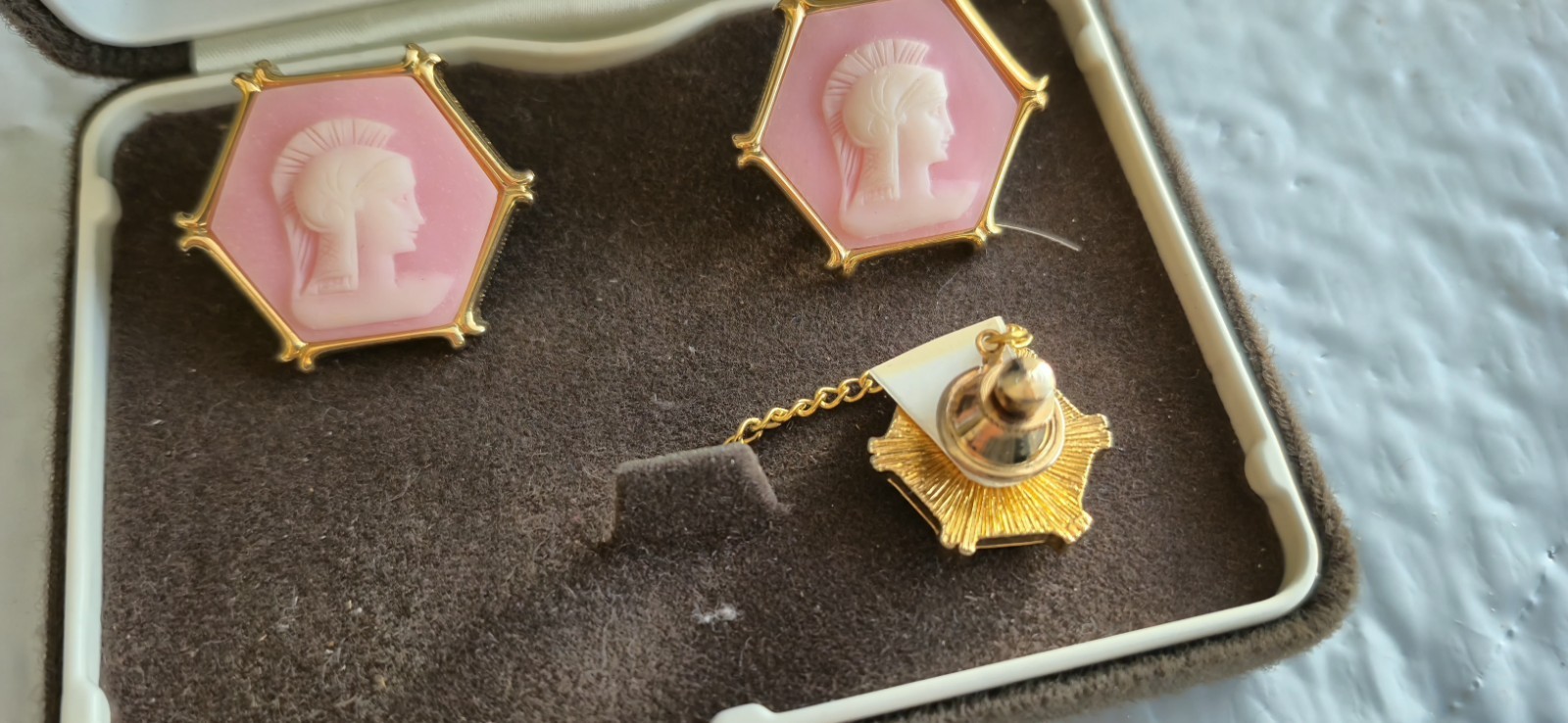 VINTAGE Carson Pirie Scott Co. Cufflinks & Tie Tack Cameo Set. LOOK UNUSED! PINK