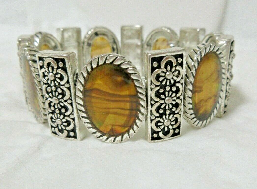 Vintage Ornate Silver Tone Rectangular & Oval Golden & Brown Inserts Bracelet 7″