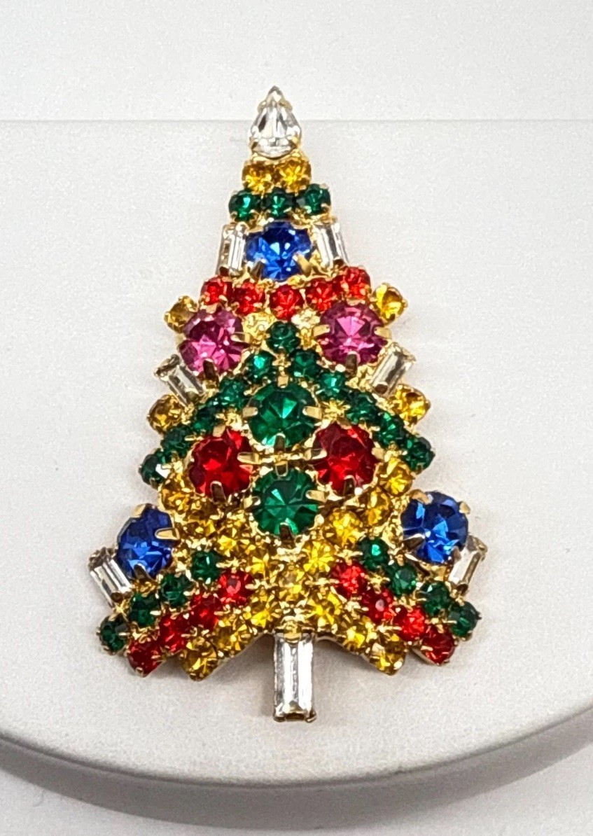 Vtg Vasari Christmas Tree Brooch Multicolor rhinestone Gold Tone signed