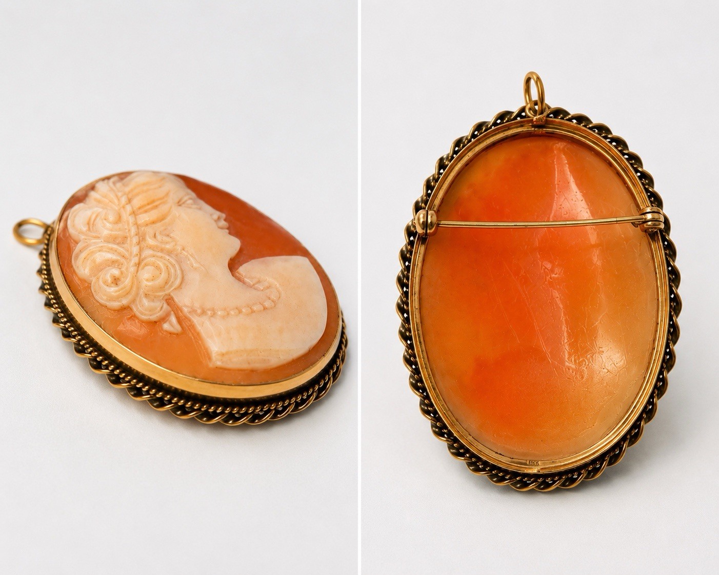 Vintage 14K Gold Hand Carved Shell Cameo Brooch Pendant Large Estate Piece 7.1g