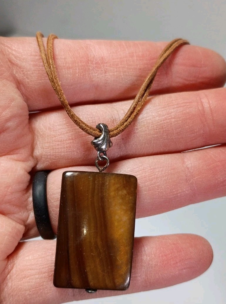 Rectangle Tiger Eye Brown Shell Penadant Necklace Brown Leather Cord 925 Silver