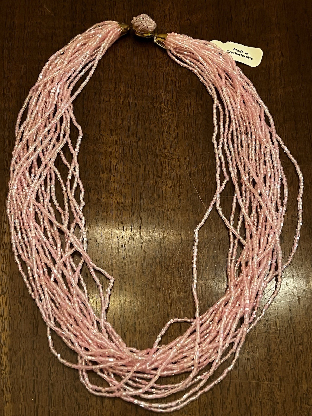 Vintage Czech Pink Glass Multi Strand Necklace Gold Tone NWT Nice!