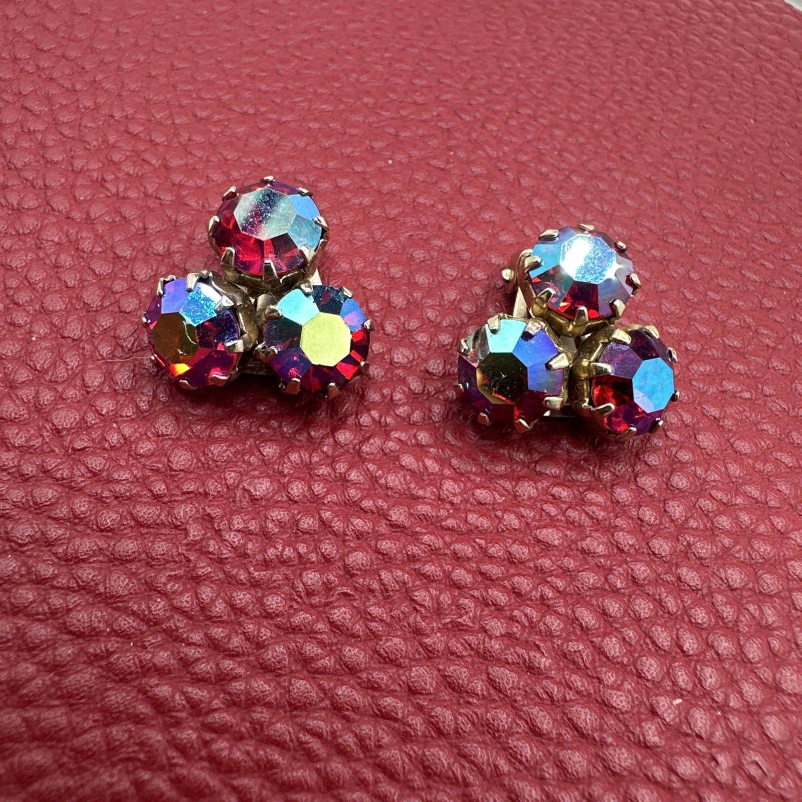 Vintage WEISS Red Aurora Borealis Clip on Earrings. See pics.