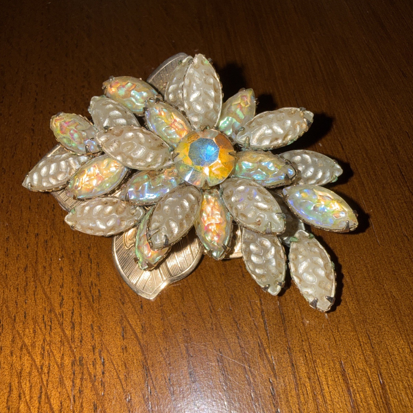 Vintage Iridescent Molded Glass Floral Brooch 1950s Amazing Glow. Czech Style