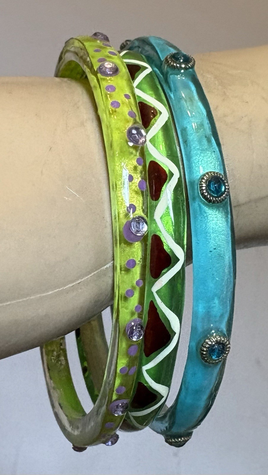Vintage Clear Acrylic Resin Rhinestone Jewel Bangles Lot 3 Lime Green Turquoise