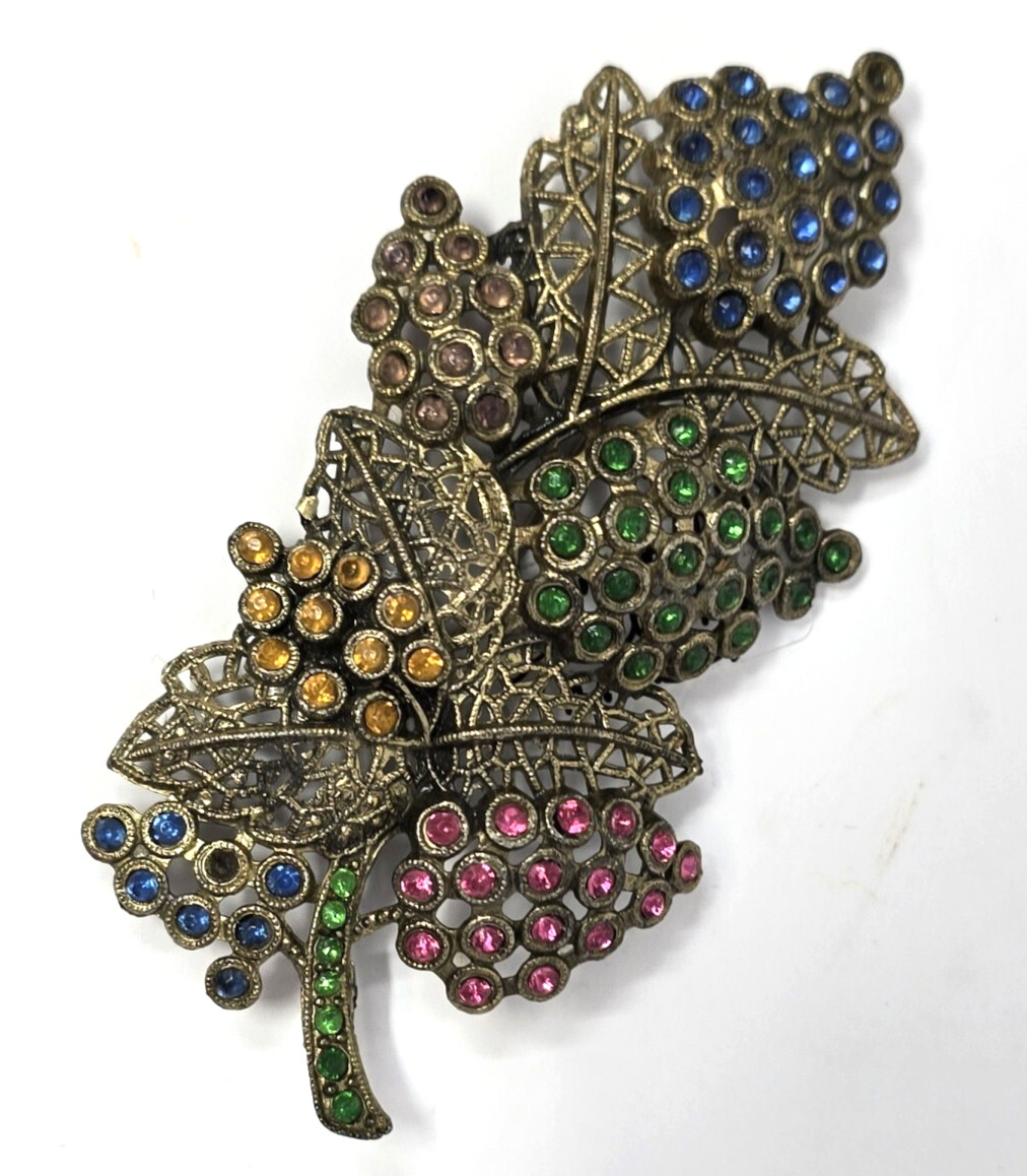 Vintage Antique LITTLE NEMO Brooch Pin Pot Metal Paste Rhinestones Plant Flowers