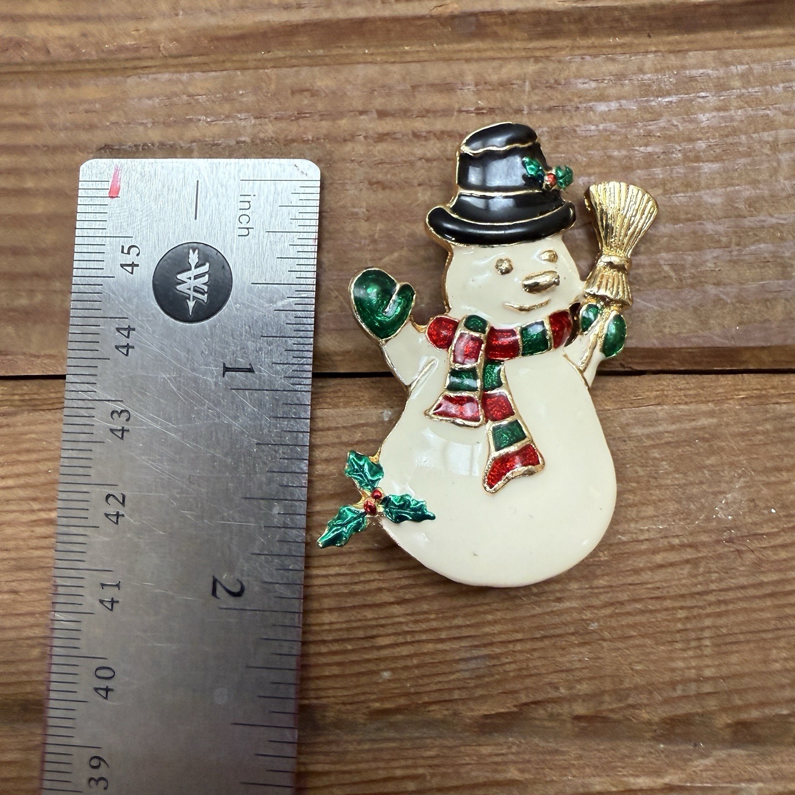 Vintage Snowman Brooch Pin Gold Tone Enameled Christmas Holiday Winter XMAS